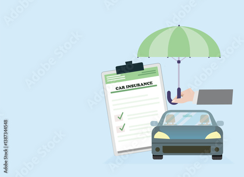 Blu car with insurance policy on clipboard. Insurance for road accident, breakdown or auto crash. Law legal preparedness transport accident risk vector