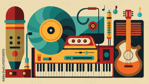 Colorful illustration featuring various musical instruments including a guitar, keyboard, and vinyl record on a cream background, perfect for music lovers of all ages