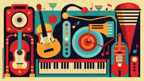 Colorful illustration featuring various musical instruments including a guitar, keyboard, and vinyl record on a cream background, perfect for music lovers of all ages