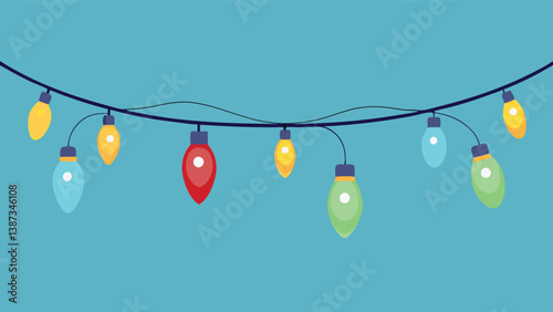 Colorful string lights hang gently against a solid blue background in a festive and cheerful atmosphere suitable for celebration and decorations