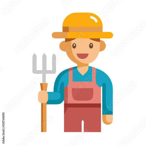 Smiling farmer holding pitchfork flat illustration
