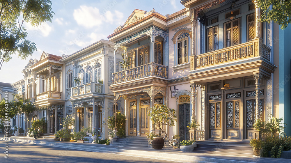 Obraz premium Classic colonial shophouses with pastel facades and ornate details