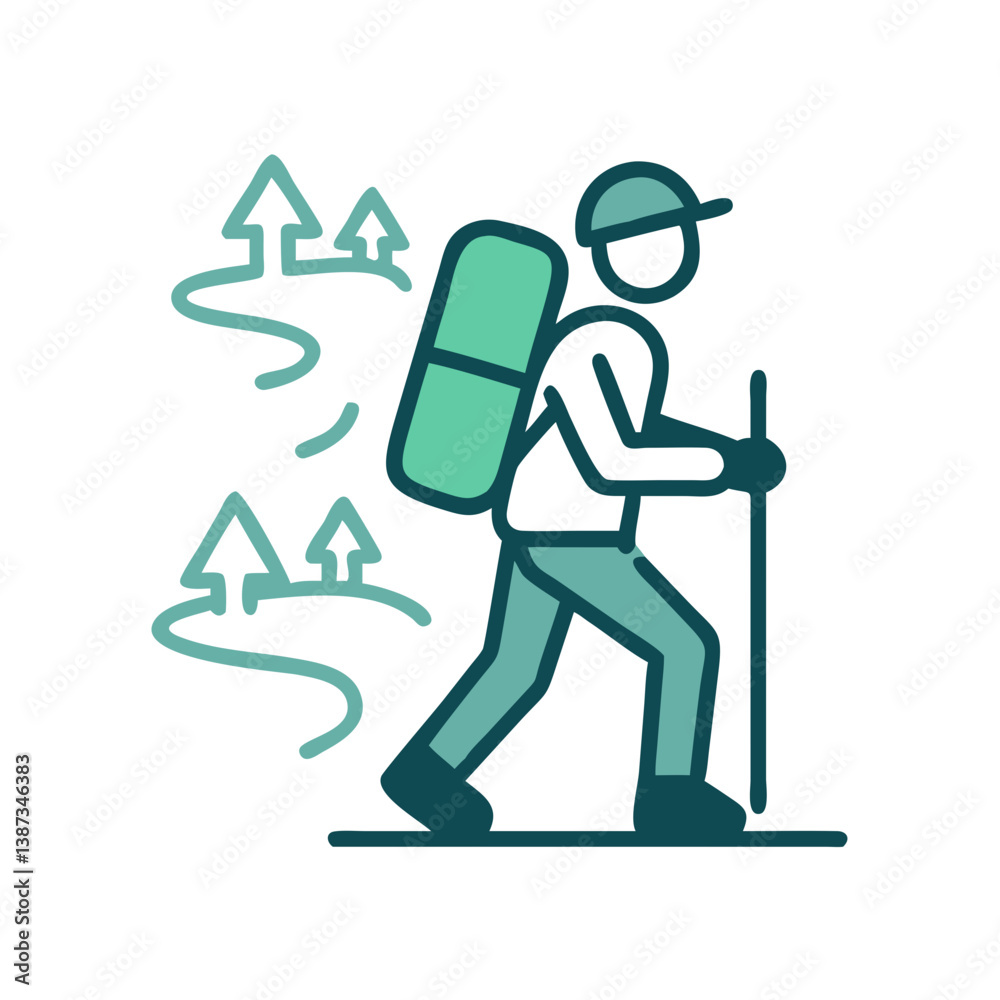 Monochrome hiker with backpack climbing arrows background Monochrome hiker with backpack climbing arrows background