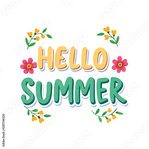Hello Summer text with floral design and orange accents