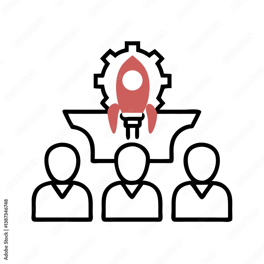 Team brainstorming with rocket and gear symbol Team brainstorming with rocket and gear symbol