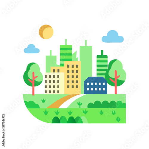 Clean green city with path and buildings in eco landscape icon