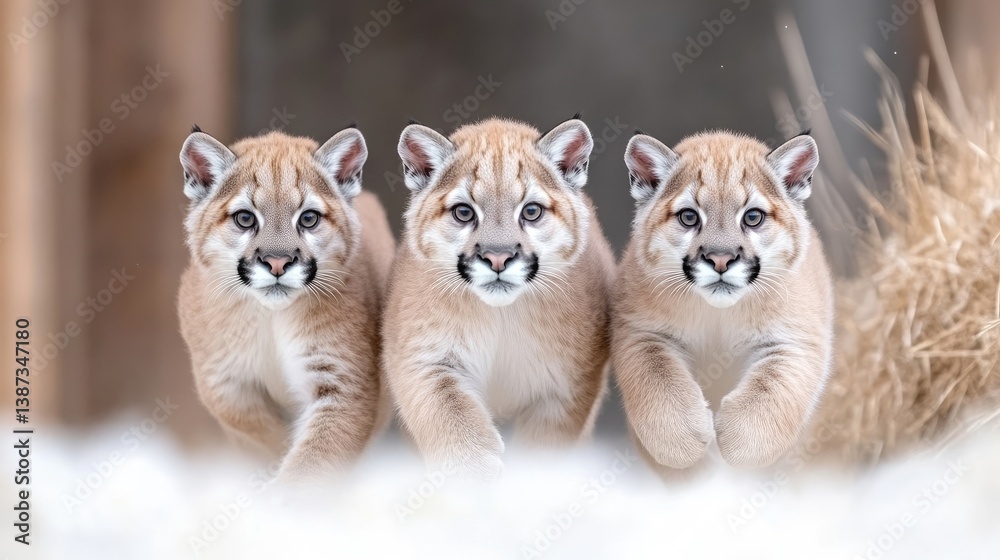 Obraz premium Three cougar cubs run towards the viewer. Their light brown fur is prominent against the snowy foreground. The blurred background suggests a natural setting with tall grasses. The image is high-qual