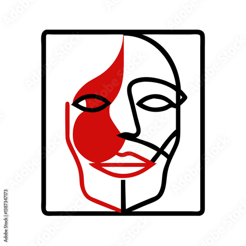 Cubist portrait with red and black color contrast