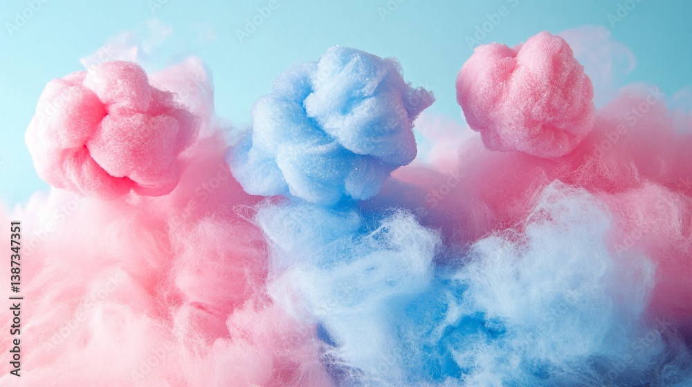 Fototapeta premium Sweet pastel cotton candy clouds against a soft sky blue background