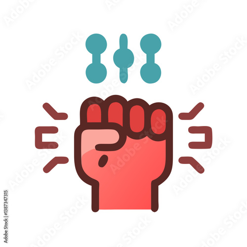 Raised red fist with concept icons above