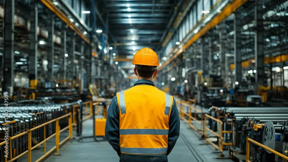 Back view of aircraft engineer in uniform standing in a large manufacturing facility, looking the production and assembly of an aircraft