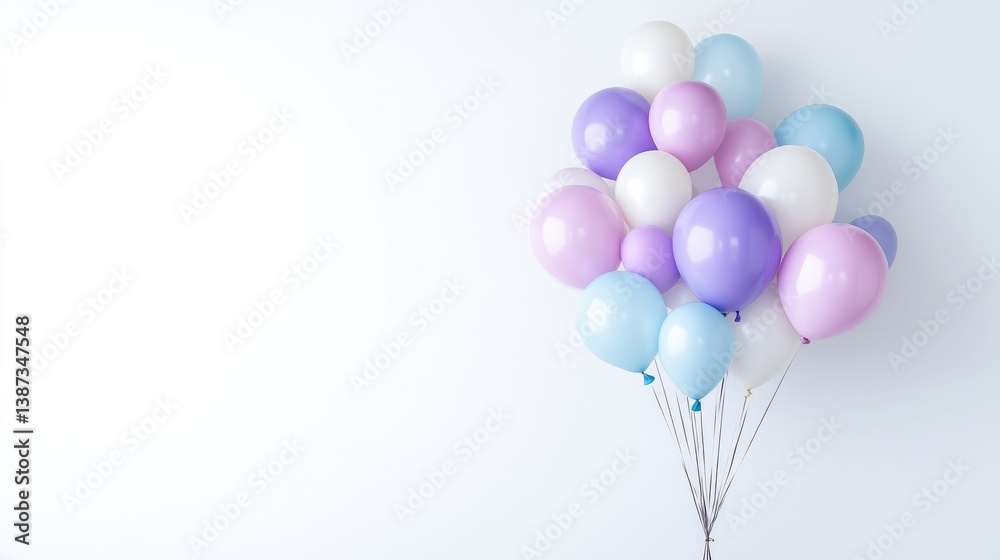 A bunch of colorful helium balloons floating in a white room, pastel shades of purple, pink, and blue, minimalistic composition, and celebration concept. A bunch of colorful helium balloons floating in a white room, pastel shades of purple, pink, and blue, minimalistic composition, and celebration concept.