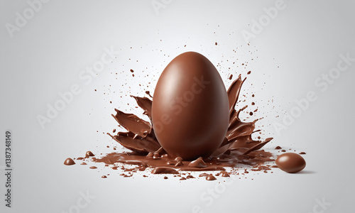 Chocolate egg splashes into rich liquid chocolate creating an artistic and delicious display