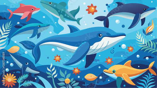 Colorful underwater scene featuring various marine species swimming around a large whale in a vibrant ocean setting