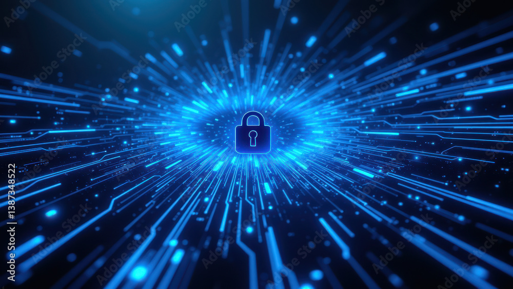 Fototapeta premium A graphic representation of digital encryption with a central lock symbol, surrounded by abstract glowing lines suggesting network connectivity or data transfer.