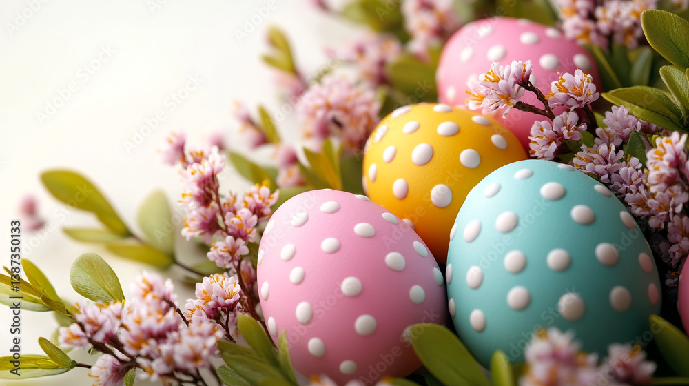 Obraz premium Vibrant Colorful Easter Eggs with Polka Dots in a delicate Floral Arrangement