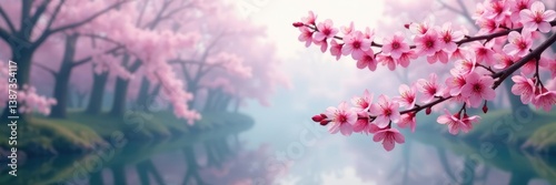 Pink cherry blossoms against a calm misty background, spring, misty