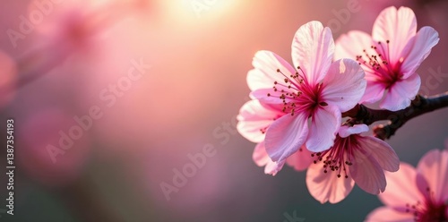 Pink cherry blossoms fill the air with a sweet fragrance in the morning dew,, floral aroma, morning light