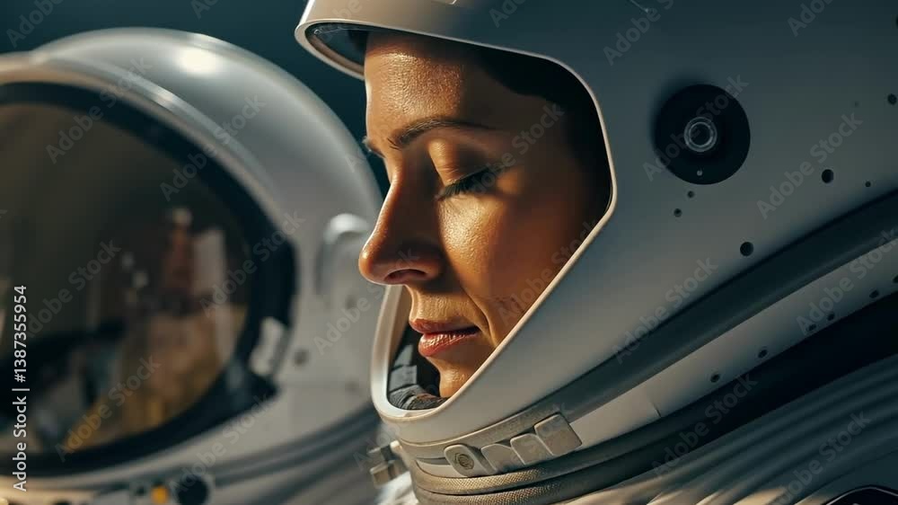 Focused astronaut in space helmet with reflections of mission control team Focused astronaut in space helmet with reflections of mission control team