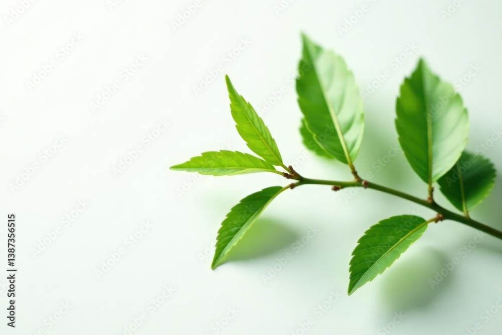 Single branch with delicate leaves on white background, texture, greenery, branches Single branch with delicate leaves on white background, texture, greenery, branches