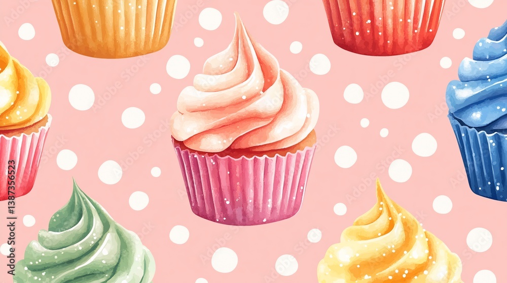 Watercolor cupcake array with pastel shades and playful polka dot background Watercolor cupcake array with pastel shades and playful polka dot background