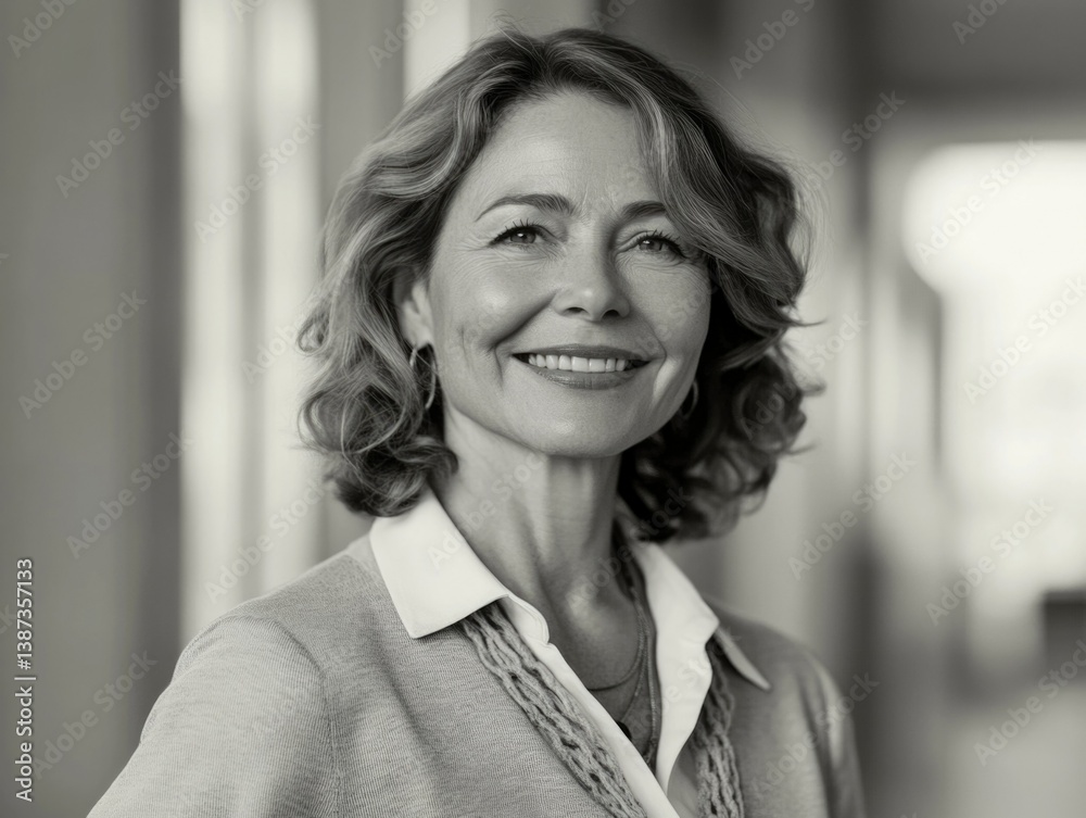 Smiling businesswoman in office, professional headshot.