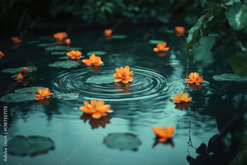 Water lily with leaves floating in a still lake at sunset or dawn.
