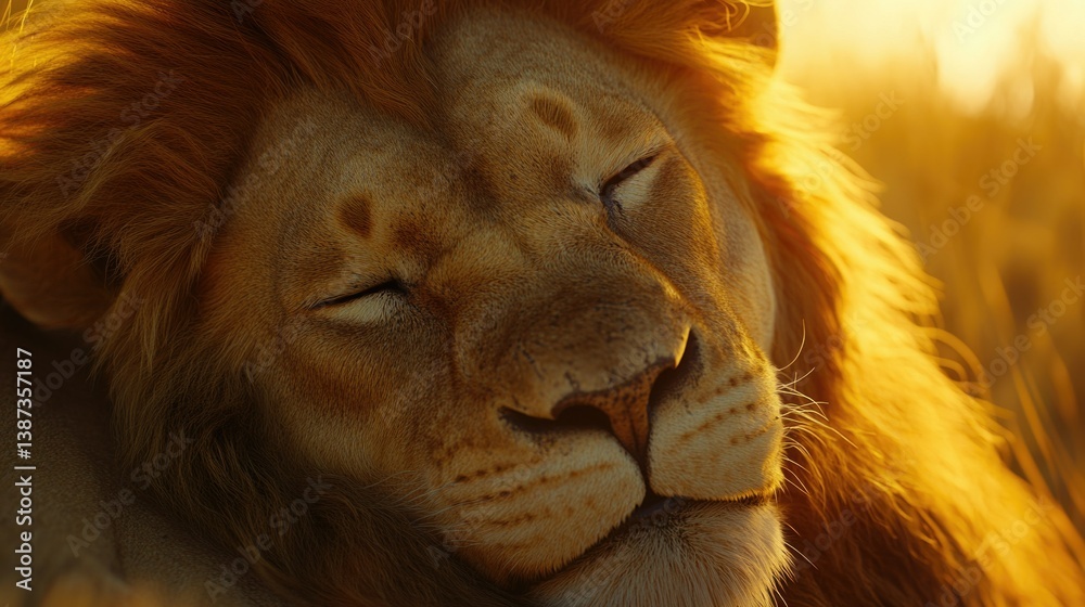 Majestic lion at sunset, serene expression, open mouth, sun-warmed fur, peaceful tranquility, wildlife safari, golden light, close-up shot of face and head