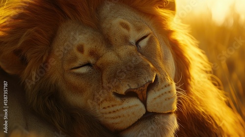 Obraz na płótnie Majestic lion at sunset, serene expression, open mouth, sun-warmed fur, peaceful tranquility, wildlife safari, golden light, close-up shot of face and head w salonie