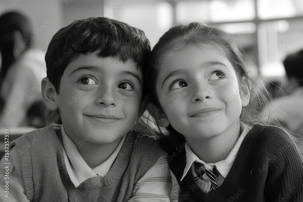Two children smiling at the camera, possibly in a classroom setting