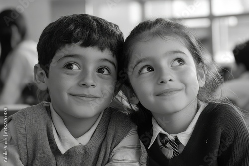 Obraz na płótnie Two children smiling at the camera, possibly in a classroom setting w salonie