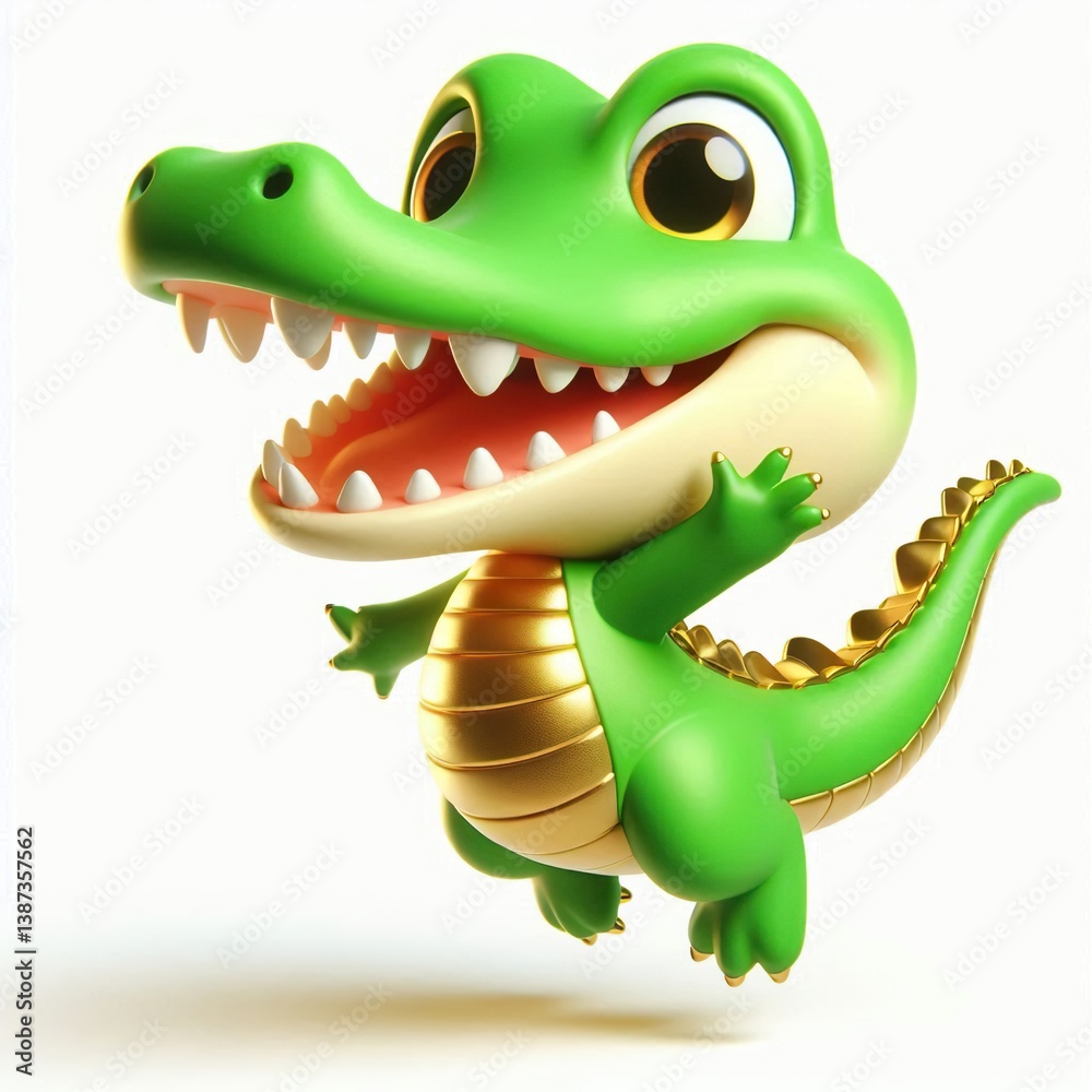 Naklejka premium Animated character 3D image of happy green gold Alligator jumping, cute design, white background