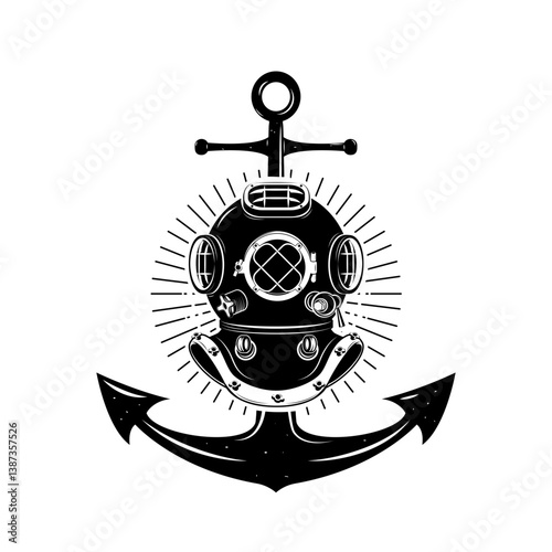 Born to dive. Vintage style diver helmet with anchor isolated on white background. Diving club or school emblem template. Vector illustration.