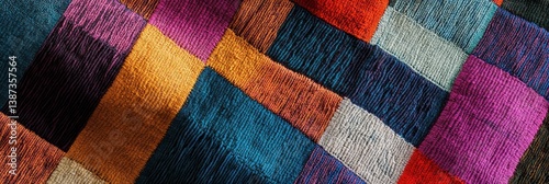 Colorful patchwork quilt with various geometric shapes and textures filling