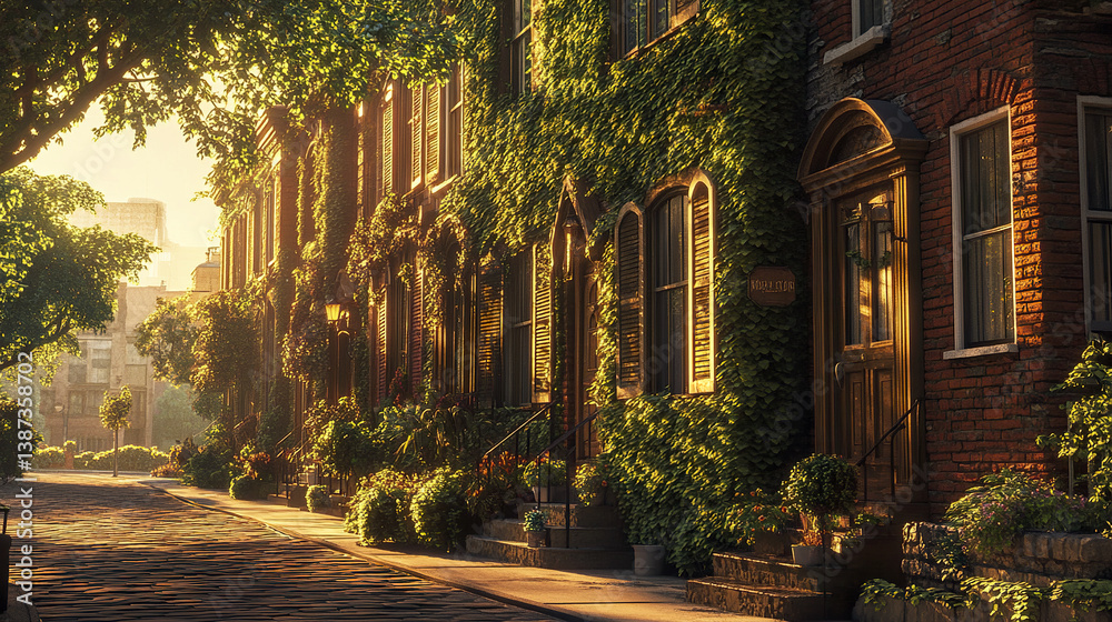 Fototapeta premium Cozy row houses with ivy covered brick walls and warm wooden doors