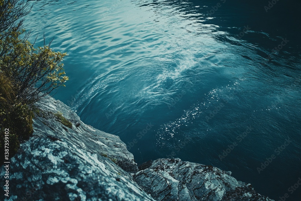 Cold, serene ocean view from cliff edge with ripples in water and blue hues of rock and sky.