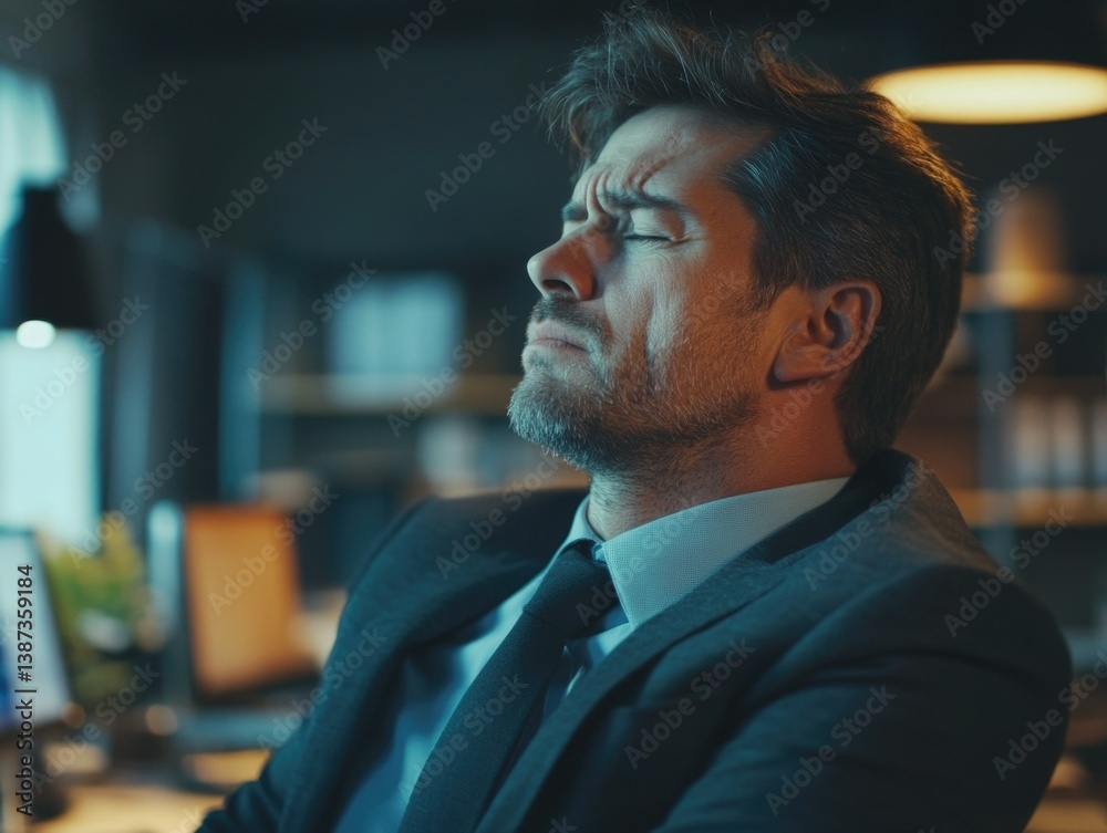 Business man with beard and glasses, looking worried in dark office at desk