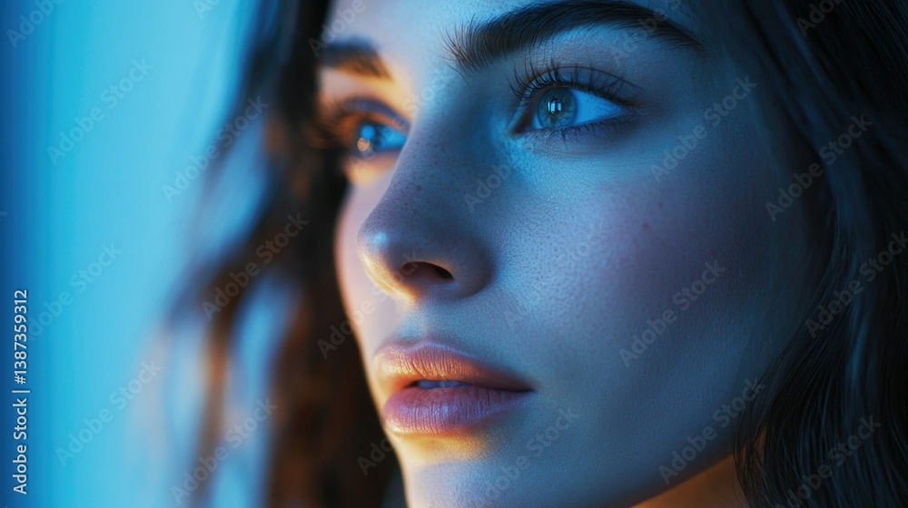 Close-up of a young woman with soft lighting highlighting her features and mood. The focus is on the gentle contours of her face and eyes.