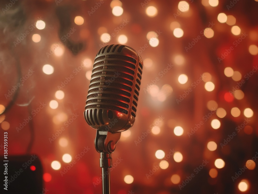 Male singer with microphone in front of stage lights, preparing for performance. Microphone is recording studio quality, suggesting professional setting.