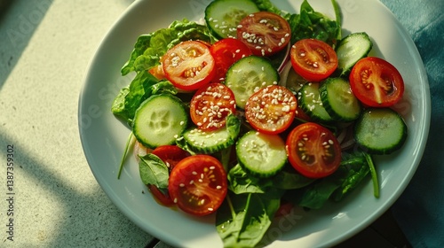 Fresh, colorful salad with cucumbers and tomatoes in a bowl. Perfect for a healthy snack or side dish.