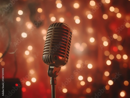 Obraz na płótnie Male singer with microphone in front of stage lights, preparing for performance. Microphone is recording studio quality, suggesting professional setting. w salonie