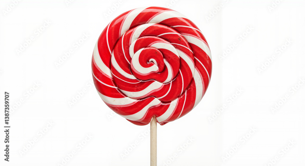 Red and white spiral lollipop on a stick against a white background  