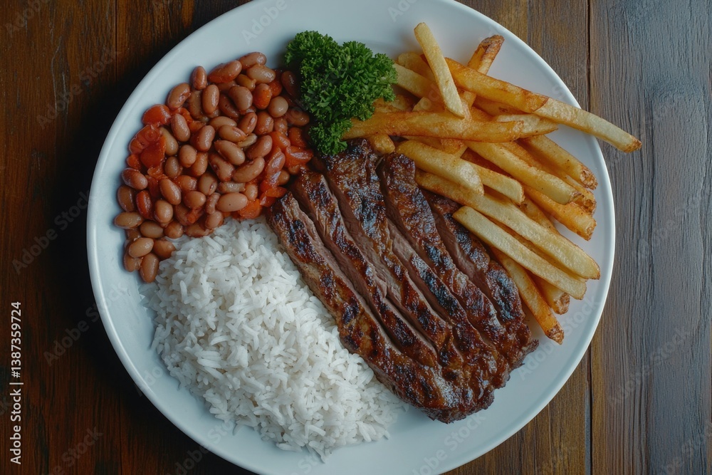 Vividly colorful plate of a well-rounded, hearty dinner featuring steak, rice, beans and fries.