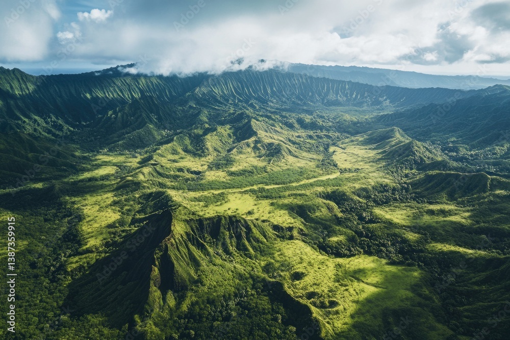 Panoramic shot of verdant mountainous terrain, lush vegetation and valleys in a tropical island setting.