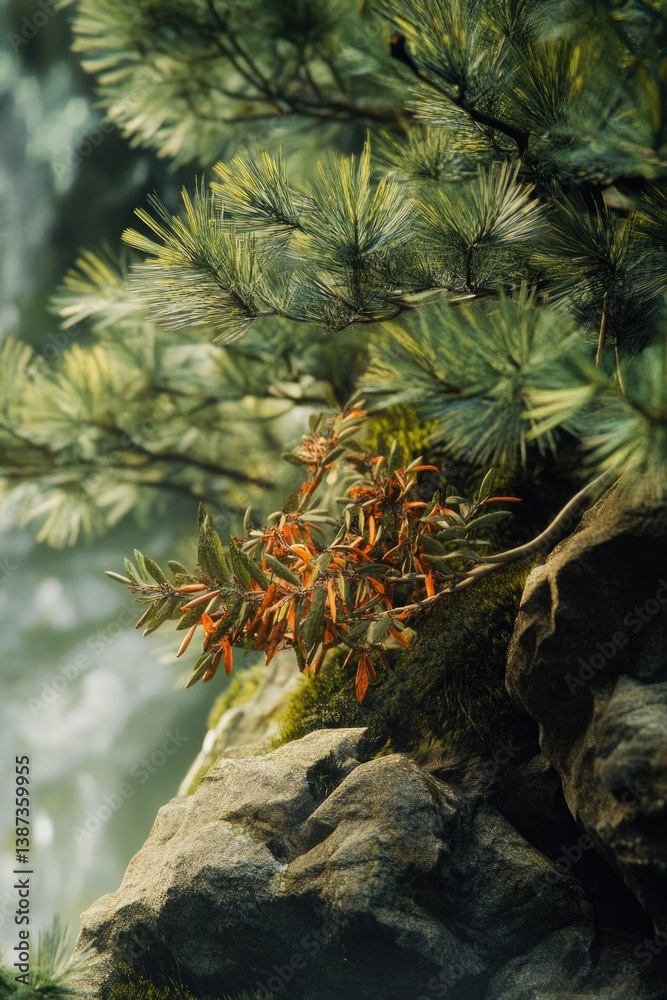 Evergreen trees growing on rocky mountain terrain with a stream below.