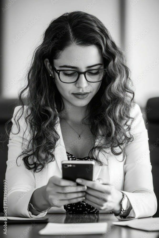 Professional businesswoman engrossed in her smartphone during work hours. She appears focused on a message or email.