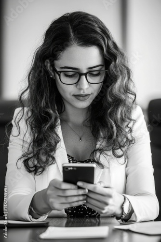 Obraz na płótnie Professional businesswoman engrossed in her smartphone during work hours. She appears focused on a message or email. w salonie