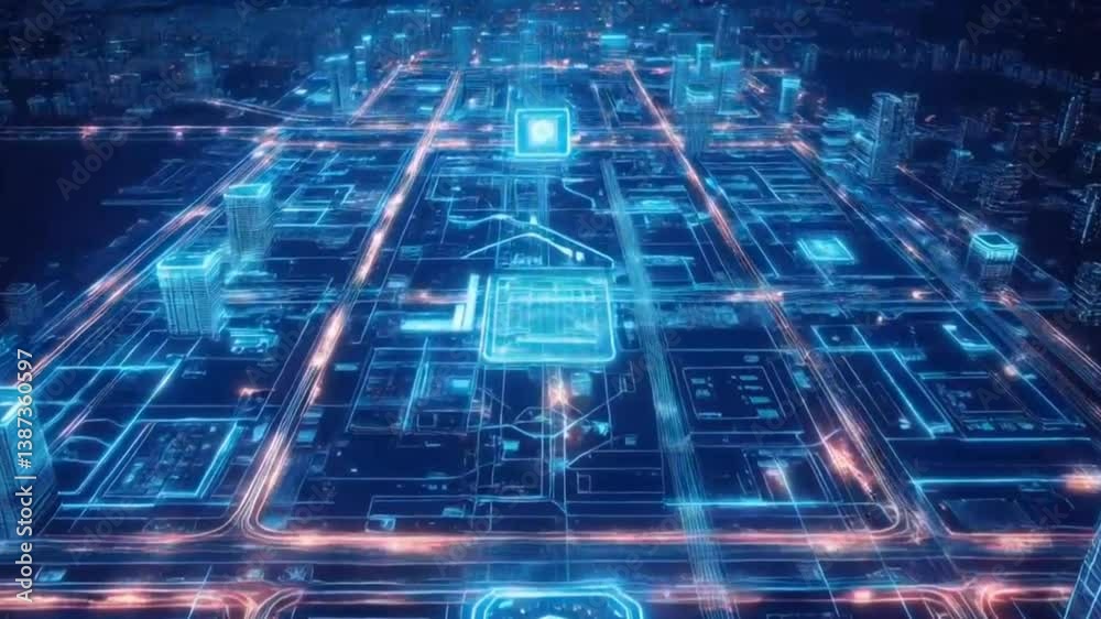 Futuristic digital city glowing in neon blue lights with circuit-like structure and data grid seamless looping 4k time-lapse animation video background. Technology concept