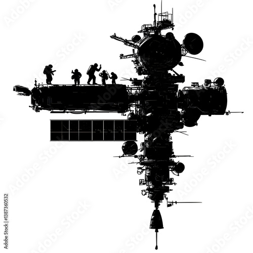 Fototapeta Naklejka Na Ścianę i Meble -  A silhouette of a space station with astronauts working outside, isolated on a transparent background.