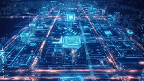 Futuristic digital city glowing in neon blue lights with circuit-like structure and data grid seamless looping 4k time-lapse animation video background. Technology concept